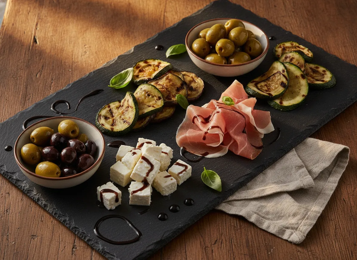 Antipasti-Teller mit gegrilltem Gemüse, Oliven, Feta und Parmaschinken