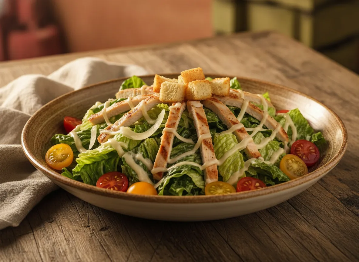 Cesarsalat mit Hähnchen, Parmesan, Croutons und Cesar-Dressing