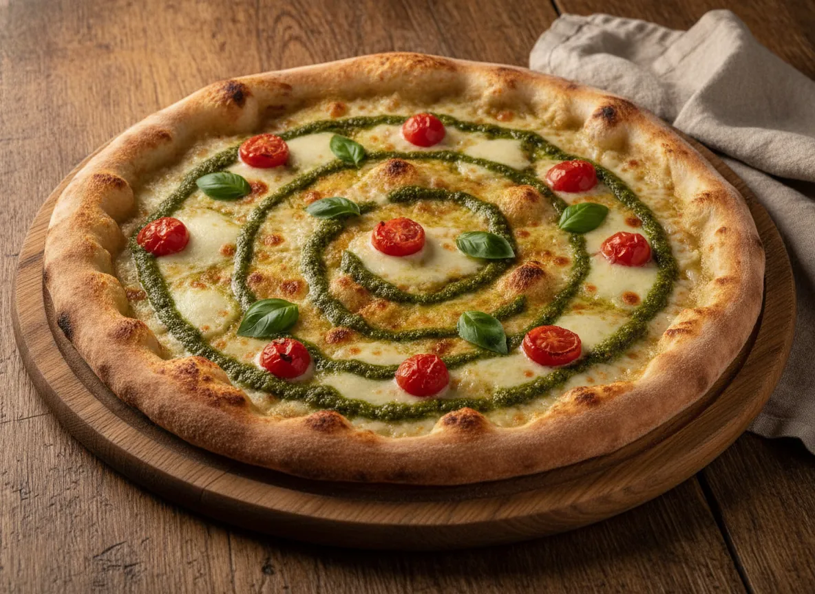 Pizza Roma mit Sahnesauce, Pesto Genovese und frischen Tomaten
