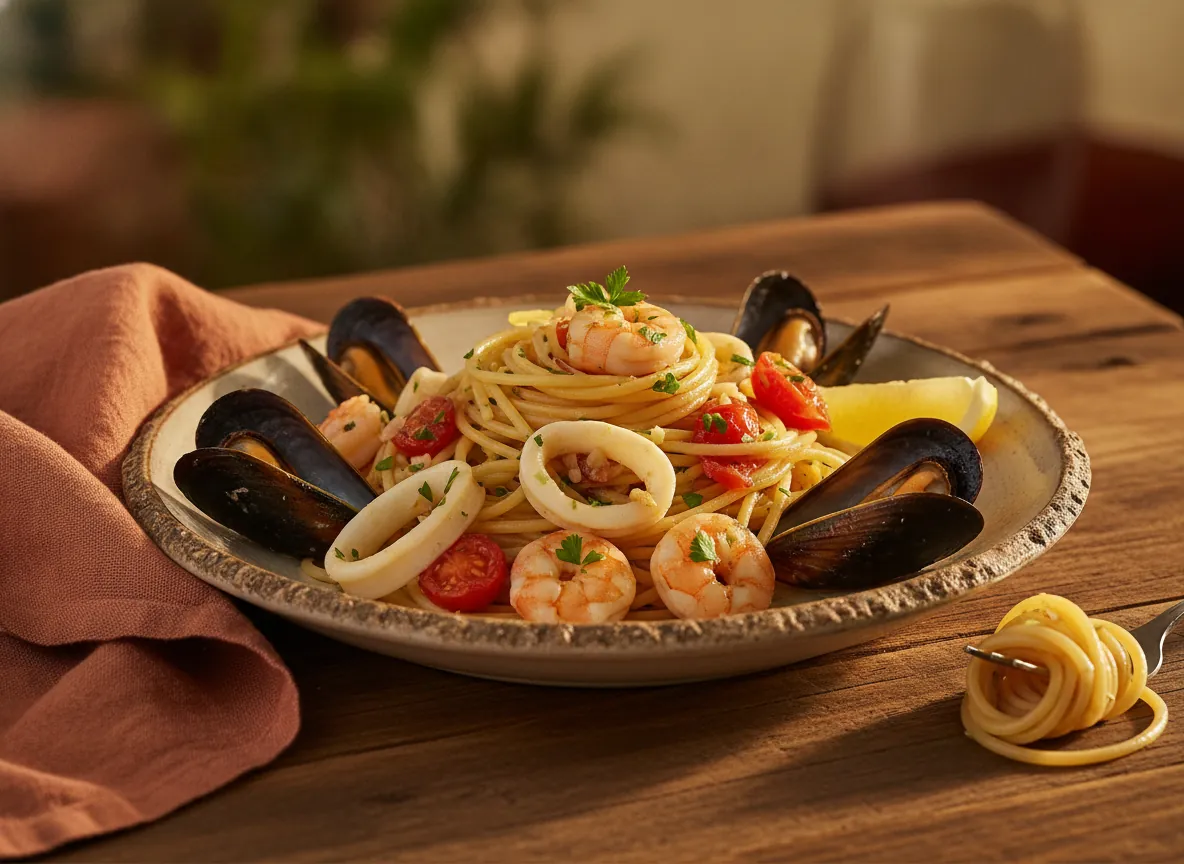 Spaghetti Frutti di Mare mit Meeresfrüchten in Weißweinsauce